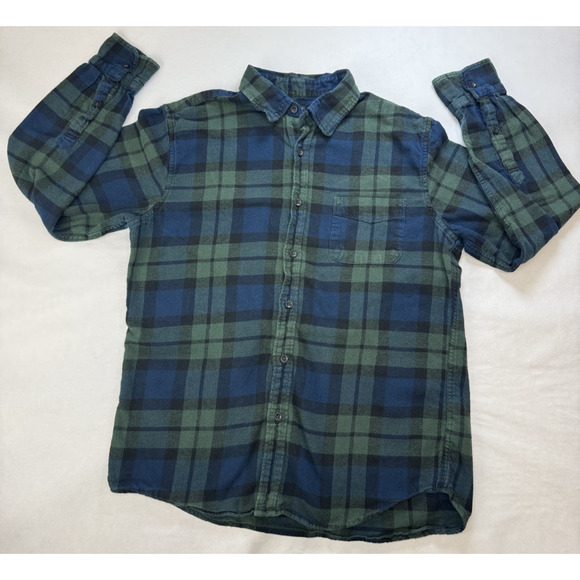 J.Crew Flannel Shirt Tartan Black Watch Plaid Green Navy Button Up Men's Large - Picture 1 of 7